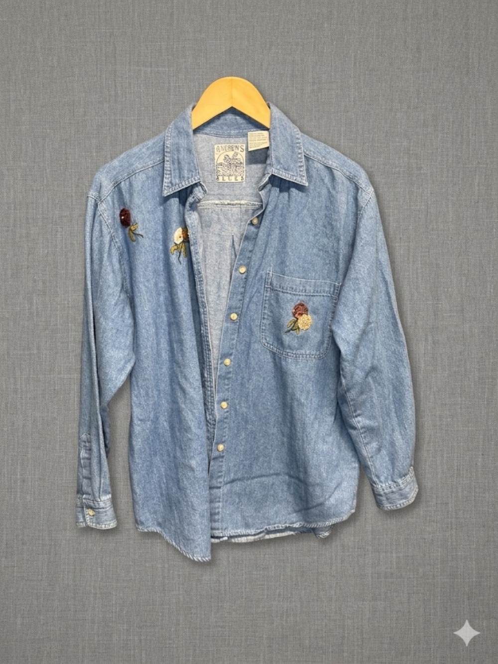 Vintage Andrews Blues Embroidered Denim Shirt Medium Blue Cotton Floral Western